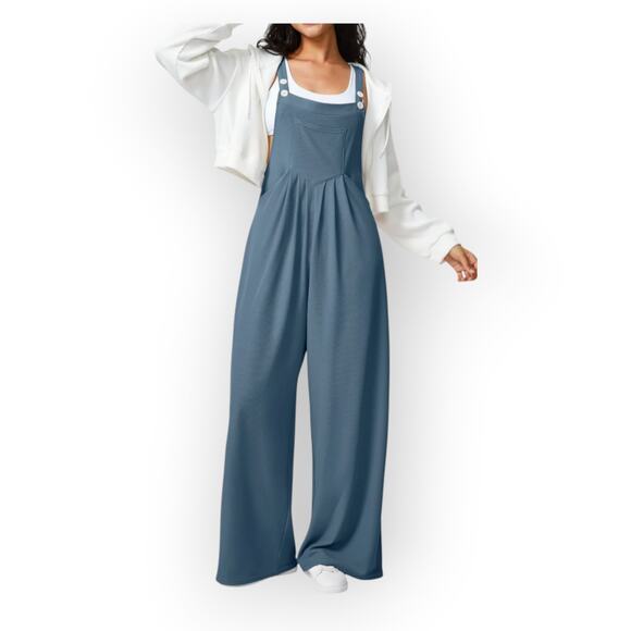HALARA Pants - Halara Waffle Wide Leg Overalls Blue Pocket Jumpsuit L Casual Minimalist Lounge